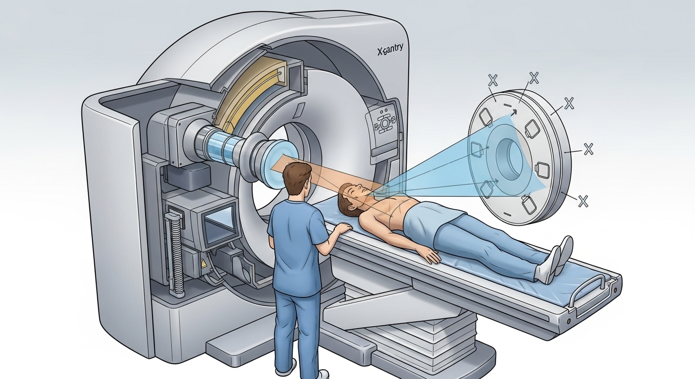 Ilustração técnica de um paciente deitado em uma máquina de tratamento médico (estilo radioterapia ou scanner), com feixes coloridos representando a trajetória da radiação ou imagem.