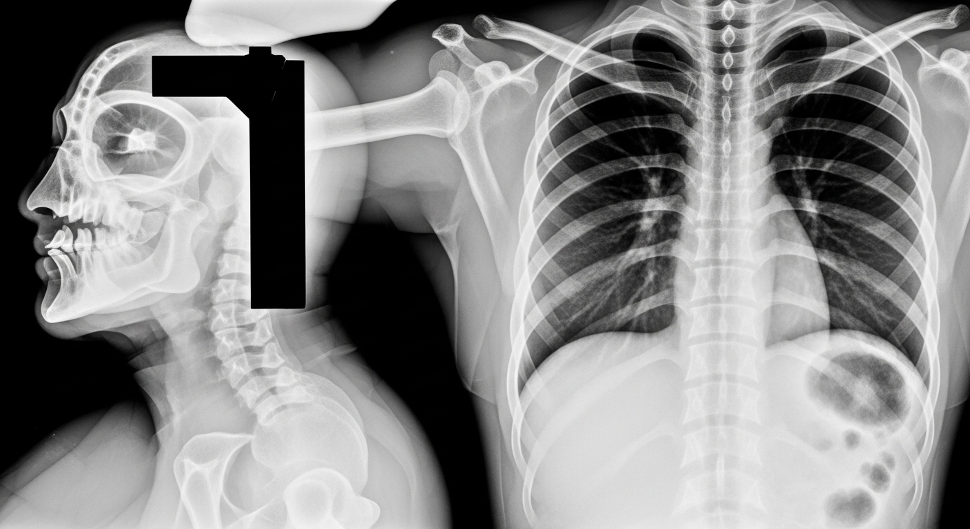 Composição de imagens de raio-X mostrando um perfil lateral do crânio e coluna cervical à esquerda, e uma visão frontal (anteroposterior) do tórax e caixa torácica à direita.