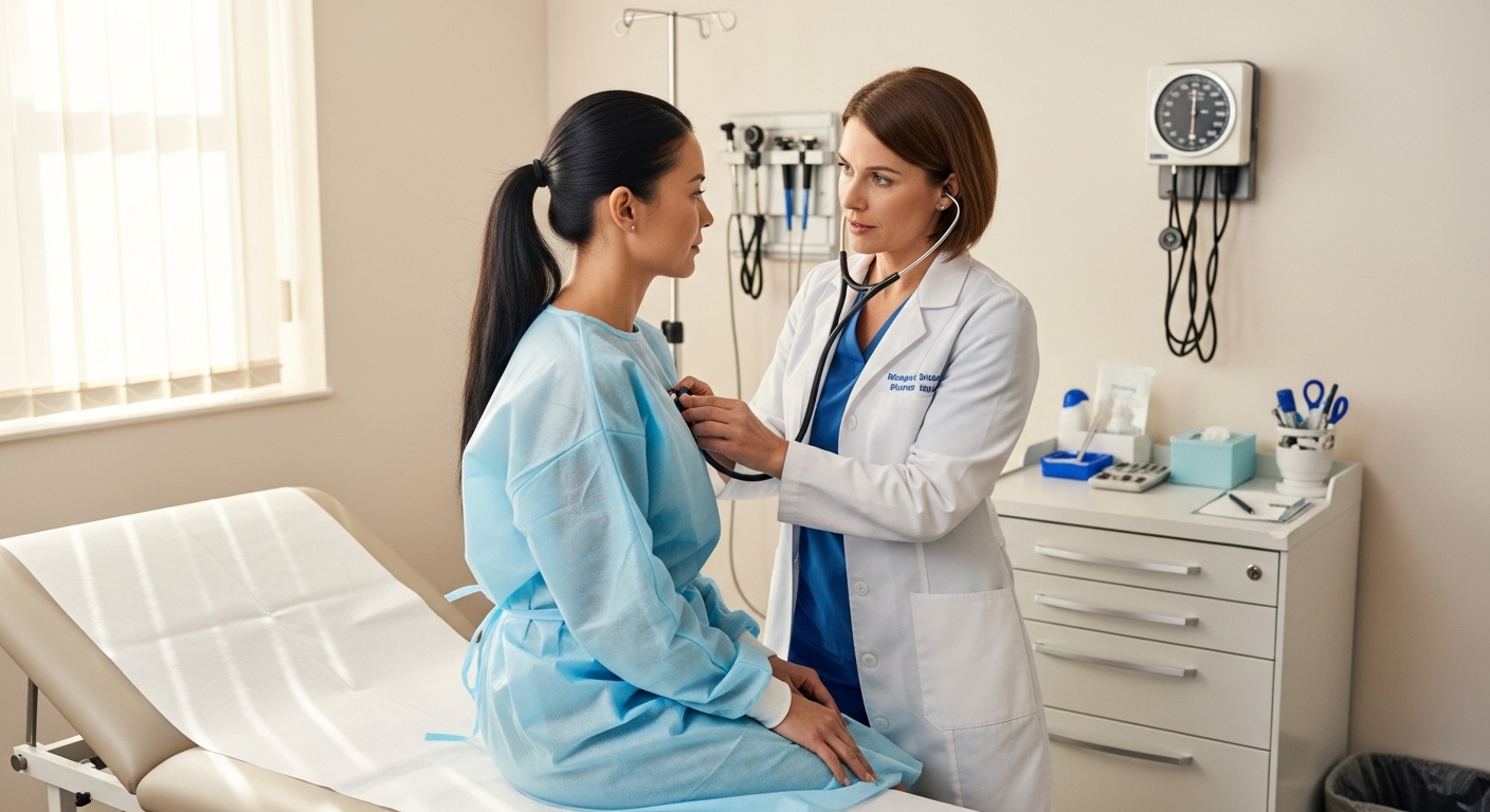 Médica com jaleco branco usa um estetoscópio para examinar os batimentos cardíacos de uma paciente sentada em uma maca.