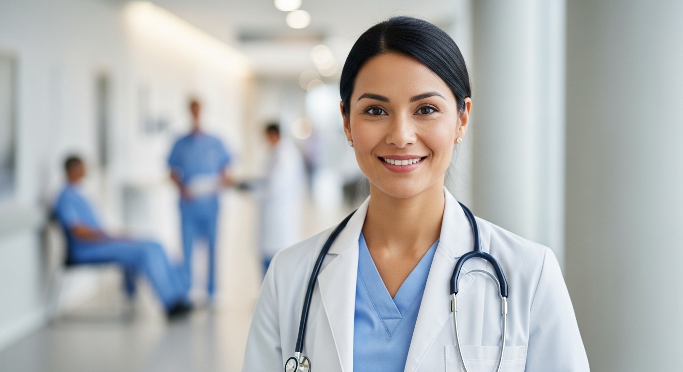 Retrato em close de uma médica sorridente em um corredor de hospital, usando jaleco branco, uniforme azul e um estetoscópio no pescoço.
