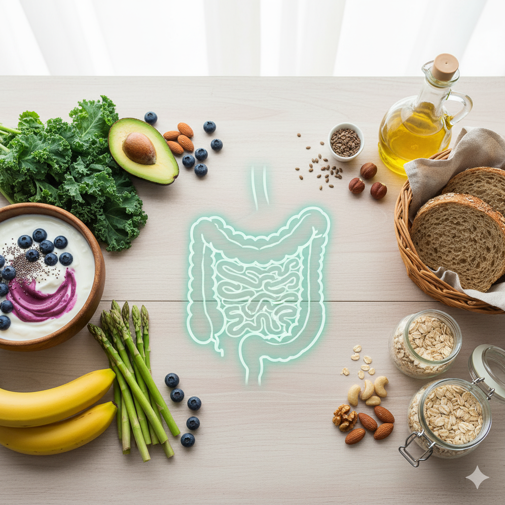 A imagem representa a alimentação saudável na prevenção do surgimento de doenças gastrointestinais.