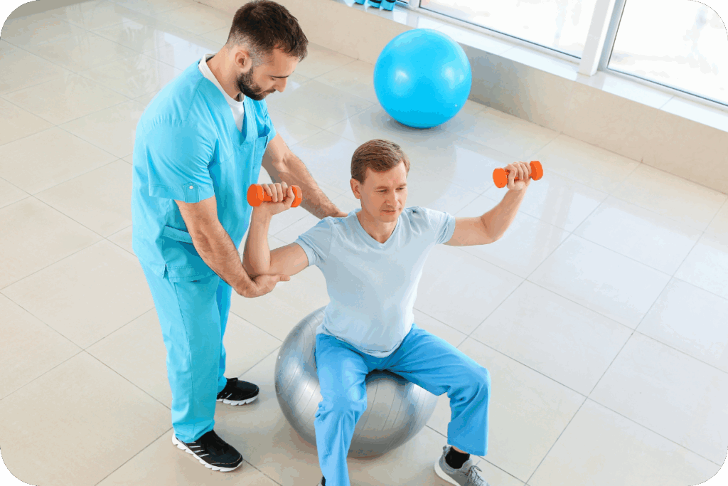 Fisioterapeuta auxiliando um paciente em um exercício de Cinesioterapia. O paciente está sentado em uma bola suíça (fitball) e realiza um exercício de fortalecimento de ombros ou braços com pesos leves (halteres laranjas), enquanto o profissional o orienta e apoia.