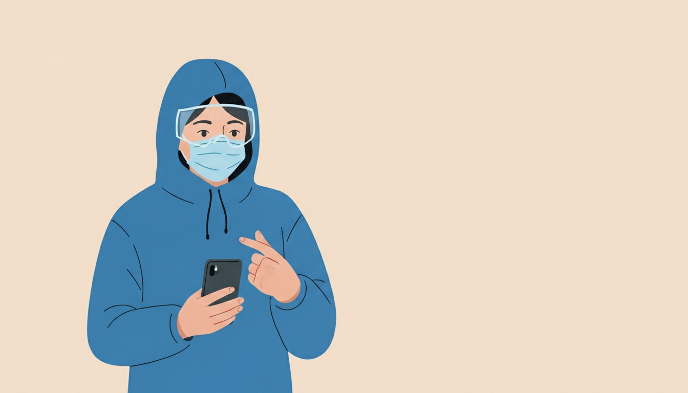 Ilustração digital de estilo flat design apresentando uma pessoa com capuz azul, máscara de proteção facial médica e óculos de segurança transparentes. Ela segura um smartphone com a mão esquerda e aponta para a tela com a direita, simbolizando o acesso a informações de saúde, telemedicina ou o uso de aplicativos de monitoramento sanitário em um fundo bege neutro.