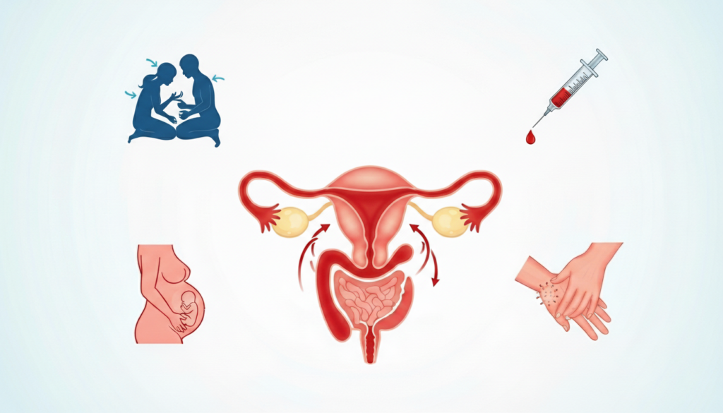 Infográfico médico sobre saúde reprodutiva feminina em fundo claro. Ao centro, uma ilustração detalhada do sistema reprodutor feminino (útero, ovários e tubas uterinas). Ao redor, quatro ícones ilustram temas relacionados: no topo à esquerda, a transmissão por contato íntimo; no topo à direita, a transmissão sanguínea via seringa; embaixo à esquerda, a gestação; e embaixo à direita, sintomas cutâneos nas mãos. Ideal para educação sobre prevenção de infecções e cuidados ginecológicos.
