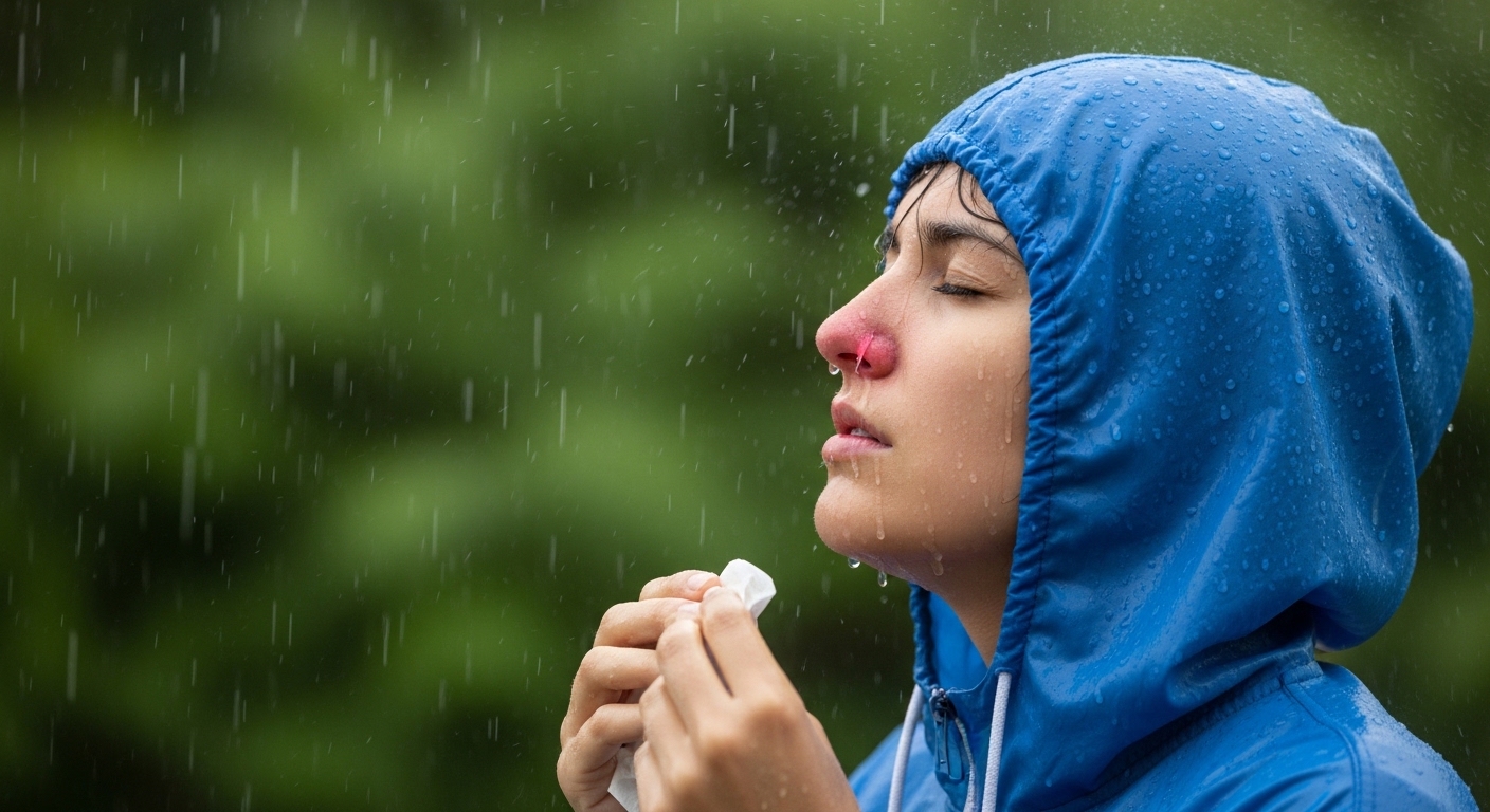 Close-up de uma mulher de olhos fechados sob chuva forte, vestindo uma capa de chuva azul com capuz. Ela apresenta o nariz visivelmente avermelhado e segura um lenço de papel, simbolizando sintomas de resfriado, gripe ou rinite alérgica causados pela mudança de tempo