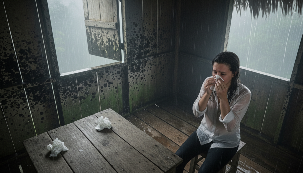 Mulher jovem sentada sozinha em um abrigo rústico de madeira durante uma tempestade. Ela está visivelmente emocionada, segurando um lenço no rosto, simbolizando tristeza, isolamento ou um momento de vulnerabilidade emocional. A chuva intensa e as paredes manchadas reforçam a atmosfera de melancolia e introspecção.