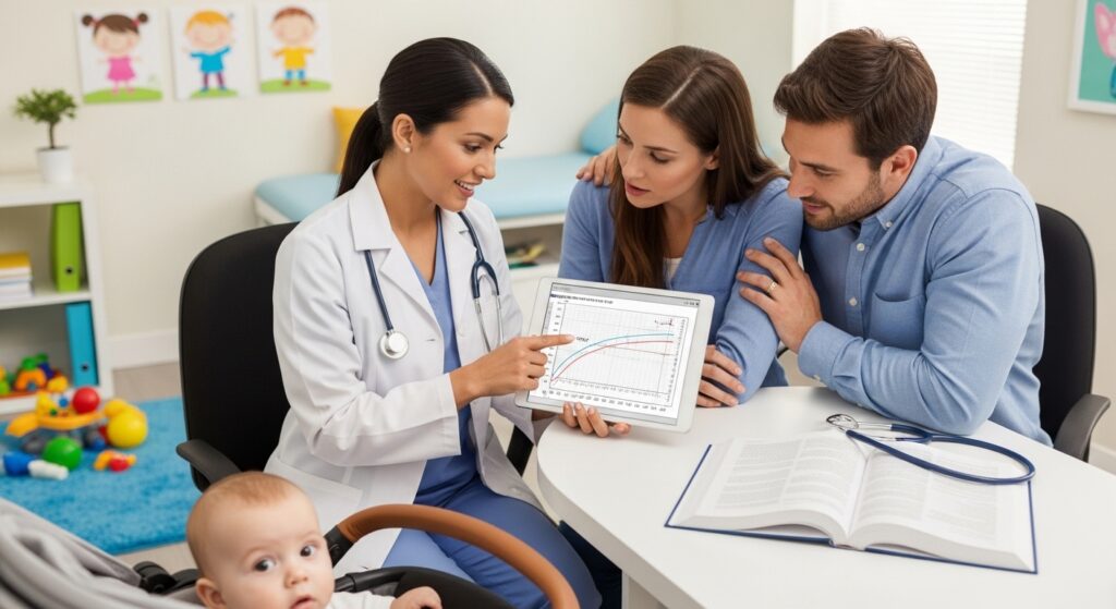 Uma médica pediatra sorridente, vestindo jaleco branco e estetoscópio, mostra um gráfico de crescimento em um tablet para um jovem casal. Os pais, sentados à mesa, observam atentamente com expressões de alívio e interesse. Em primeiro plano, o bebê está em um carrinho, olhando curiosamente para a câmera. O consultório é decorado com temas infantis, transmitindo um ambiente acolhedor e profissional.