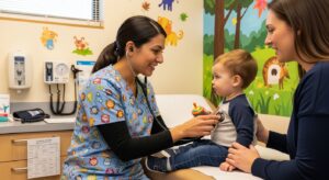 Uma fotografia de design de interiores de um escritório moderno de plano aberto, banhado por luz natural vinda de grandes janelas do chão ao teto. No primeiro plano, uma mesa de reunião minimalista em madeira clara com cadeiras cinzas e confortáveis. Ao fundo, um sofá bege de dois lugares é emoldurado por plantas verdes em vasos e prateleiras com livros e objetos decorativos. O ambiente é acolhedor e profissional, com uma paleta de cores neutras e texturas de madeira e tecido.