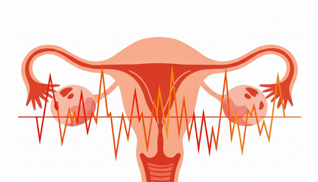 Ilustração médica em tons de pêssego e vermelho do útero e ovários femininos sobre um fundo branco. Sobreposta à anatomia, há uma linha de gráfico de pulso ou frequência em zigue-zague nas cores laranja e vermelho, simbolizando o ciclo hormonal, ovulação ou monitoramento da saúde reprodutiva